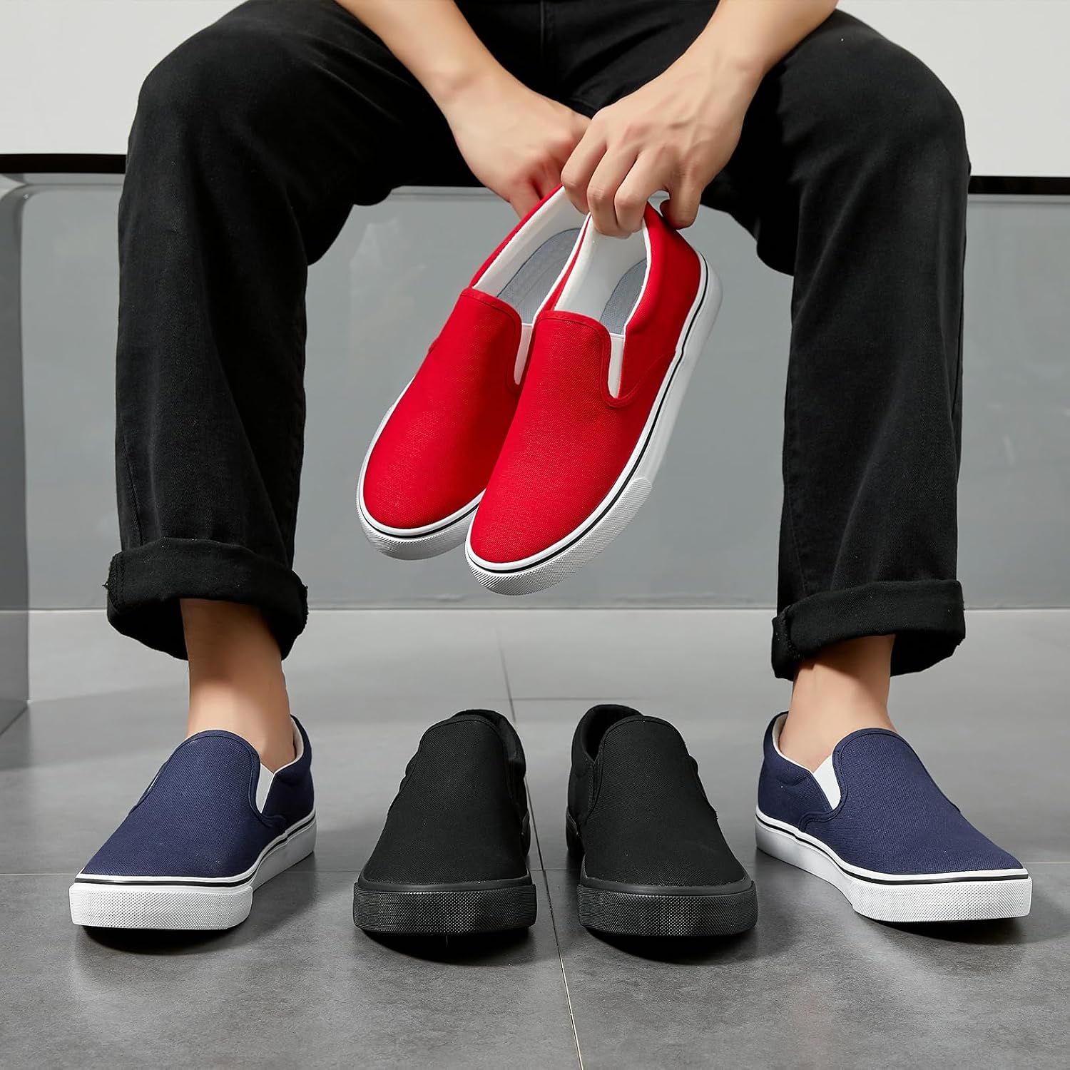 Mens Slip on Sneakers Loafers Shoes Canvas Black Shoes Canvas Blue Casual Fashion Shoes